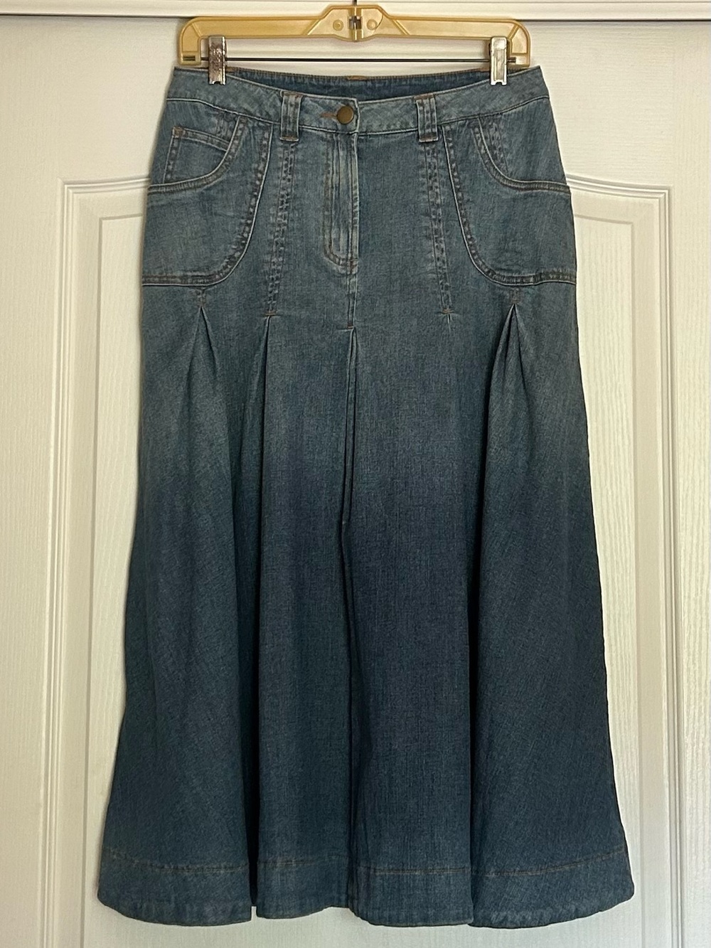 Denim Pleated Midi Skirt — Blue